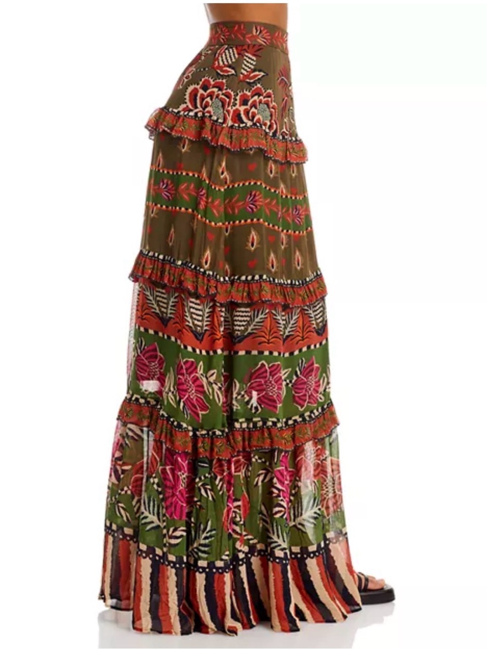 NWT FARM Rio Ainika Floral Garden Maxi Skirt Tiered Maxi Skirt in Olive and Rust